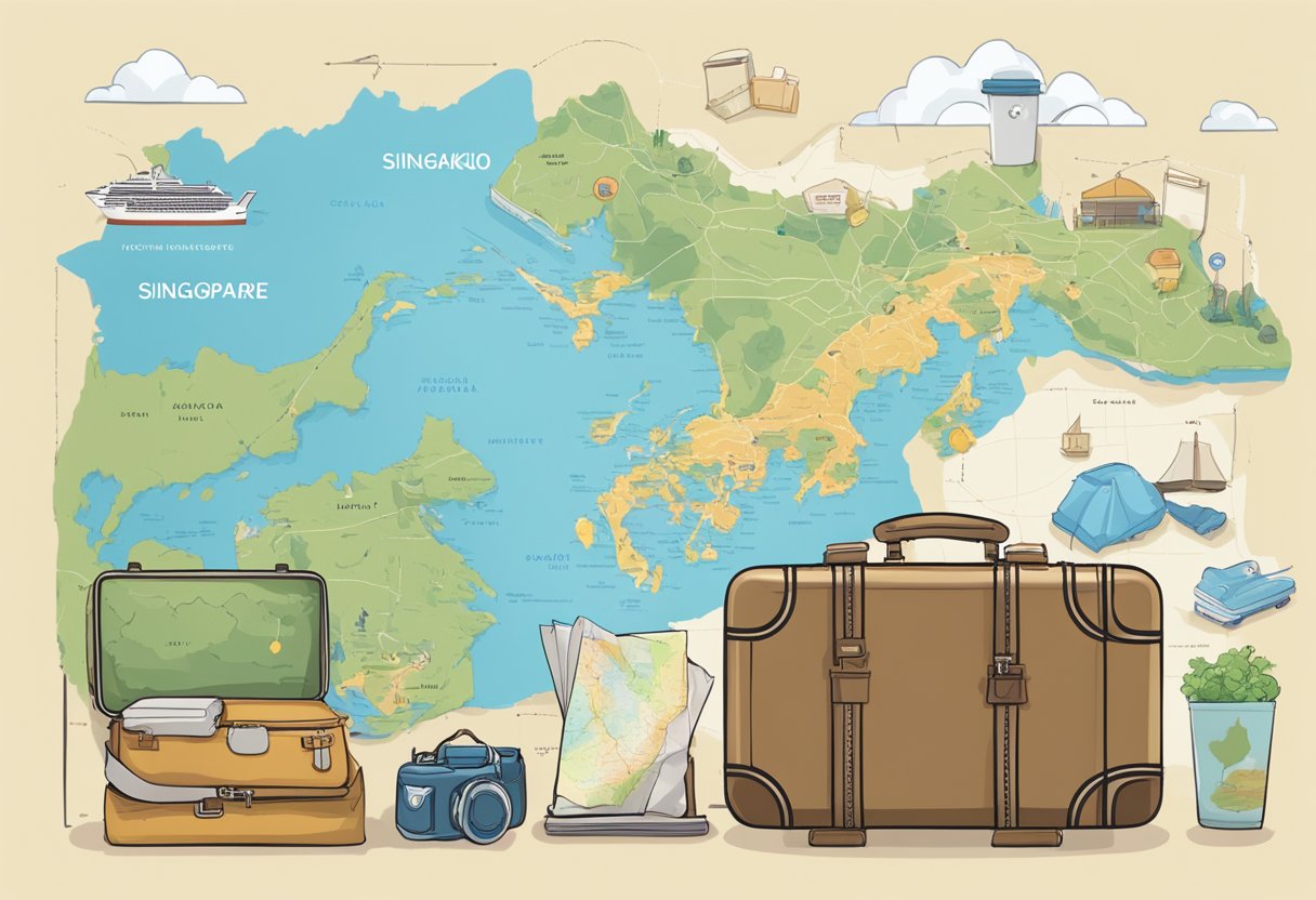 A map of Singapore and Hokkaido with a dotted line connecting the two destinations. A suitcase and travel essentials laid out on a table