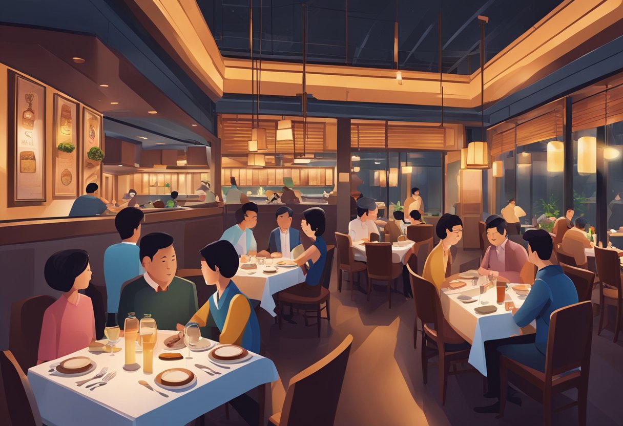A bustling steakhouse in Singapore, with diners enjoying sizzling steaks and lively conversation under warm, dim lighting