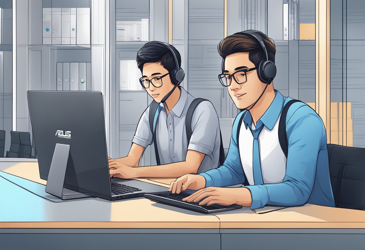 A customer service representative assists a client with a laptop issue at the ASUS Singapore support center