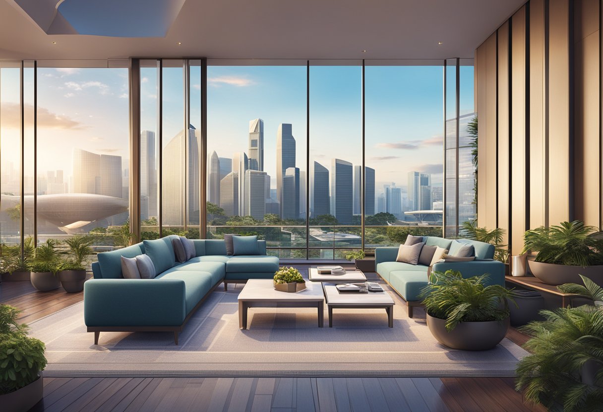Luxurious hotels in Singapore tower over the city skyline, with sleek architecture and stunning rooftop pools