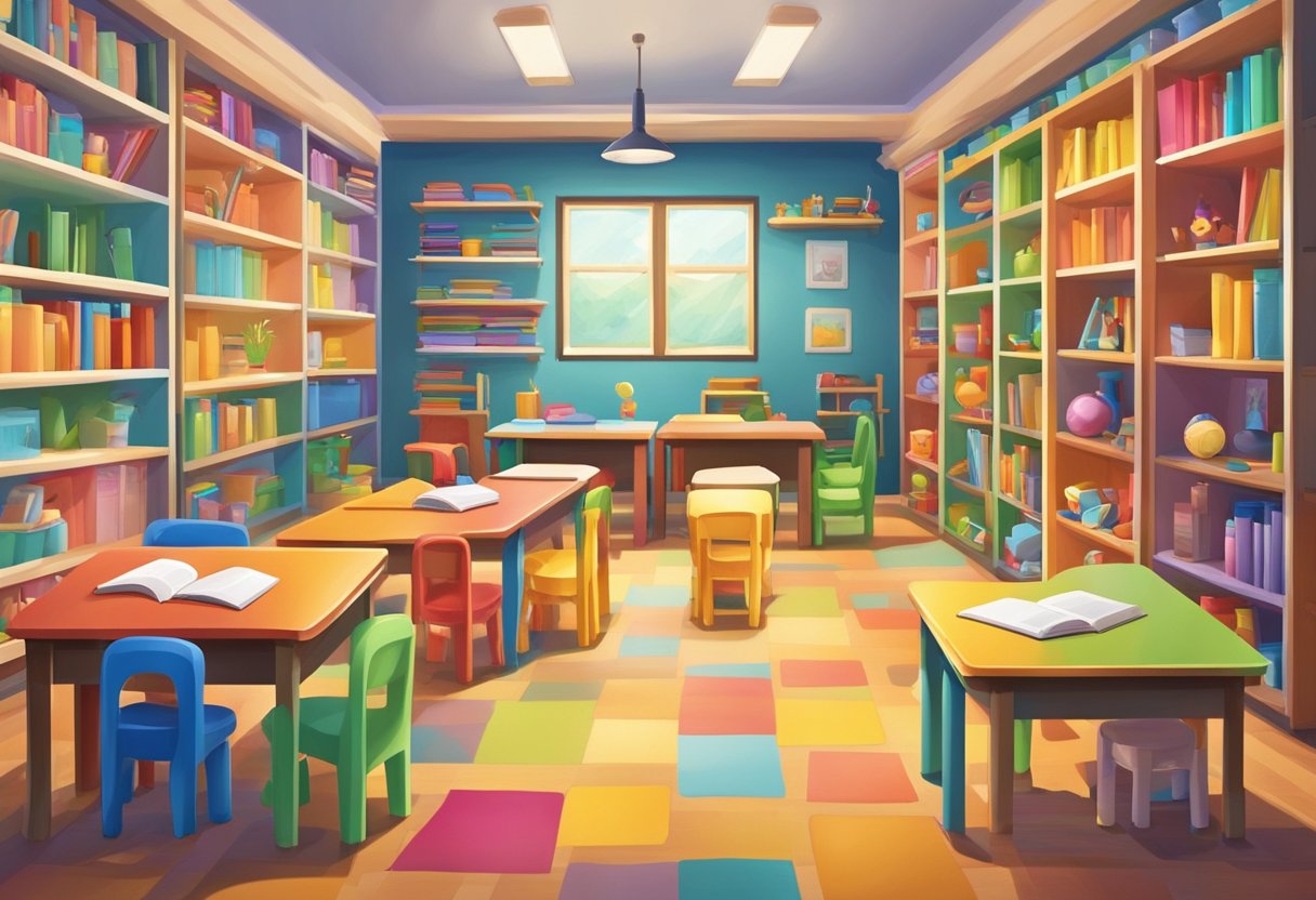 A colorful classroom with tiny chairs and tables, educational toys, and vibrant artwork on the walls, surrounded by shelves filled with books and learning materials