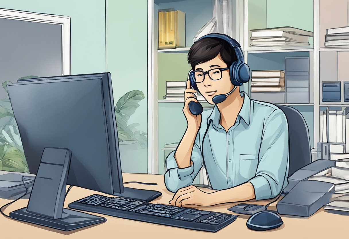 A customer support hotline for Singapore Power, with a person on the phone and resources such as a computer, manuals, and informational materials