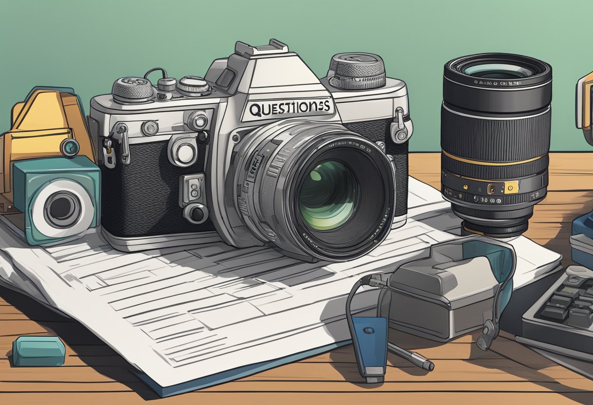 A custom camera sitting on a desk with a "Frequently Asked Questions" sign in the background