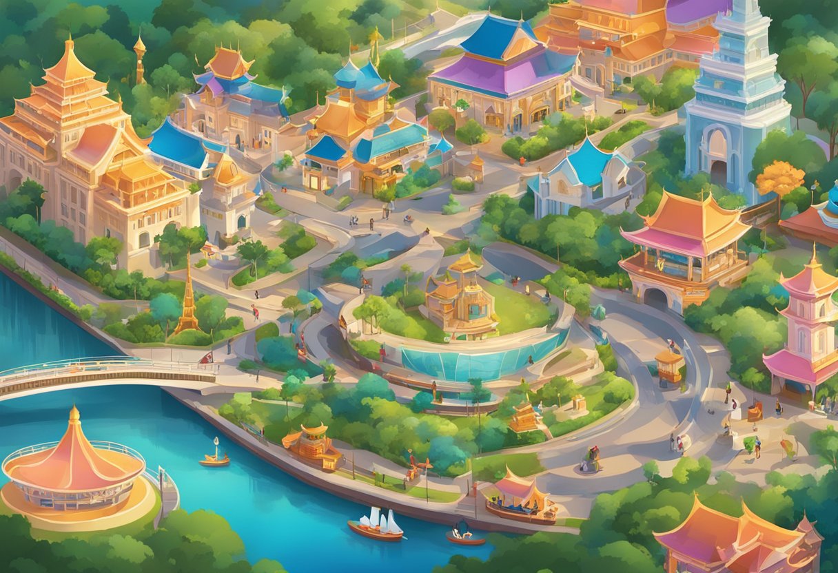 Vibrant Disney Singapore with iconic landmarks, lively characters, and enchanting atmosphere