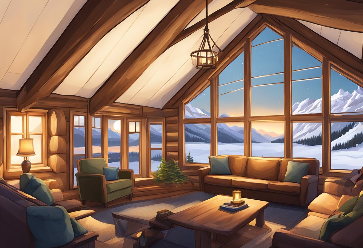 A cozy cabin with warm lighting, plush seats, and a view of snow-covered mountains through large windows