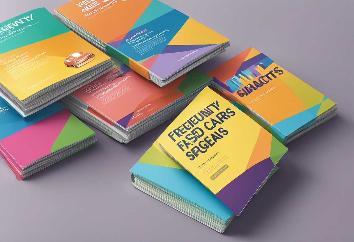 A stack of colorful brochures on a desk, with "Frequently Asked Questions" about used cars in Singapore printed on the cover