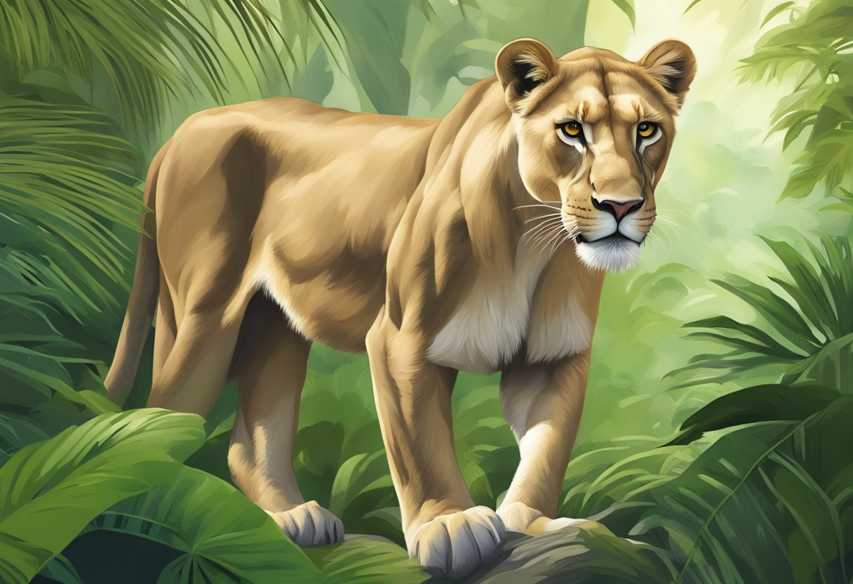 A lioness prowls through the lush greenery of the Singaporean jungle, her muscles coiled and ready to strike