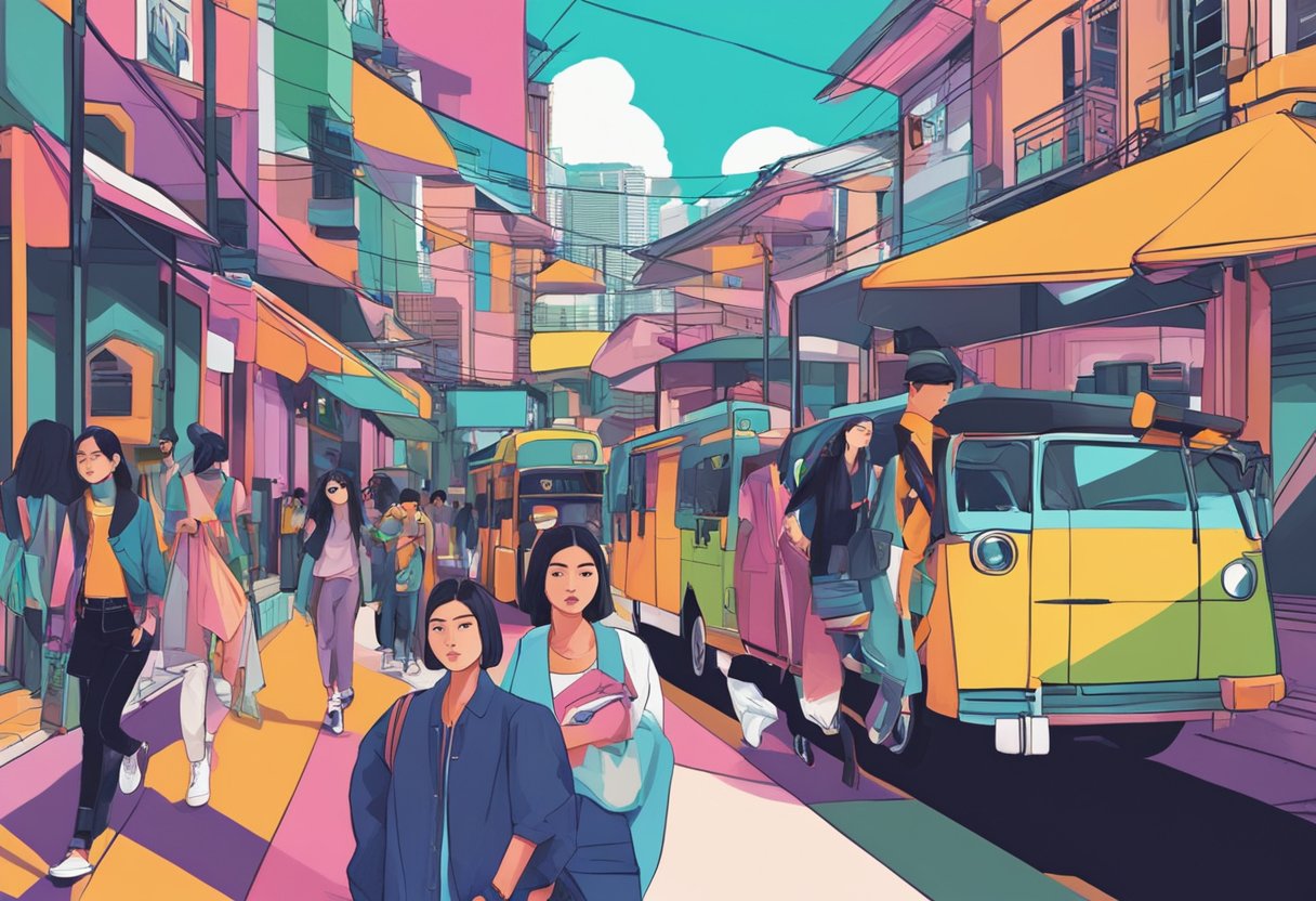 Vibrant street fashion in Singapore, with bold colors and edgy designs, showcasing Recoil's influence on the local fashion scene