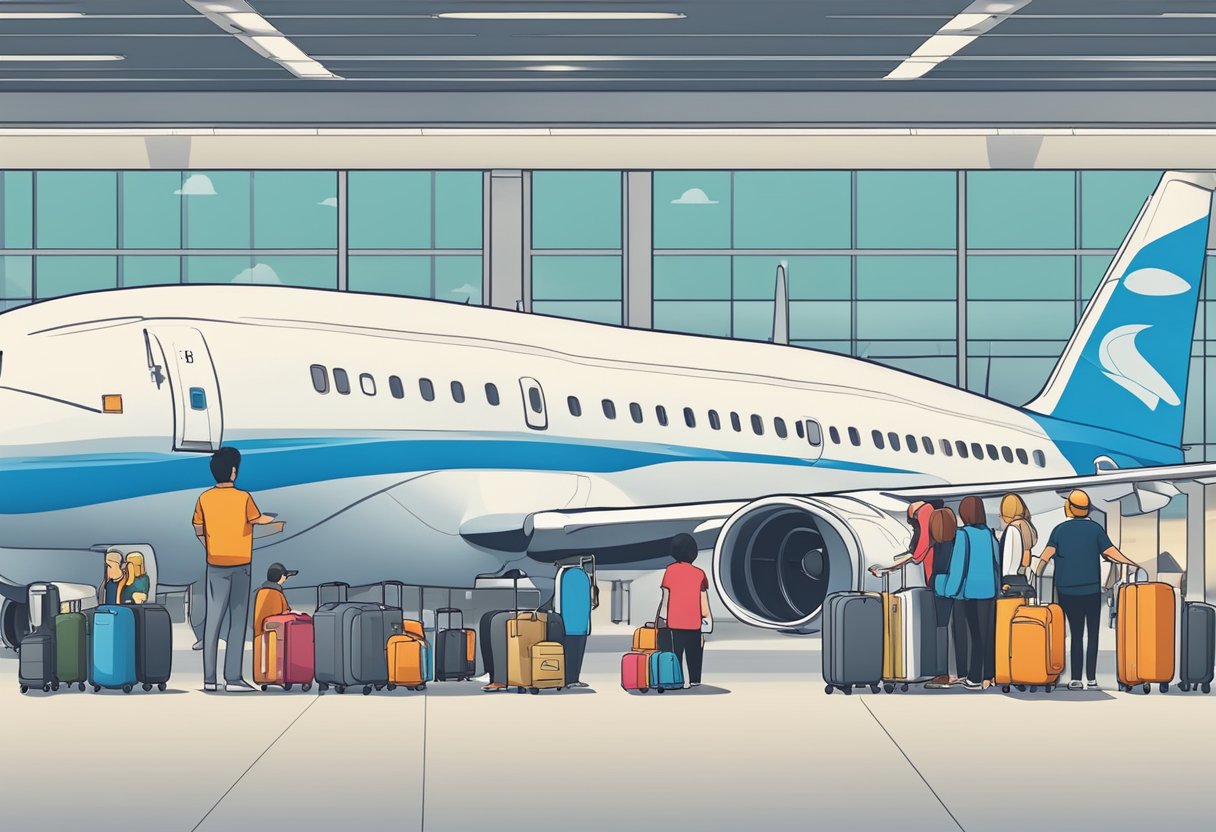 Passengers lining up at airport counters, boarding a plane from Singapore to Hokkaido. Baggage being loaded onto the aircraft