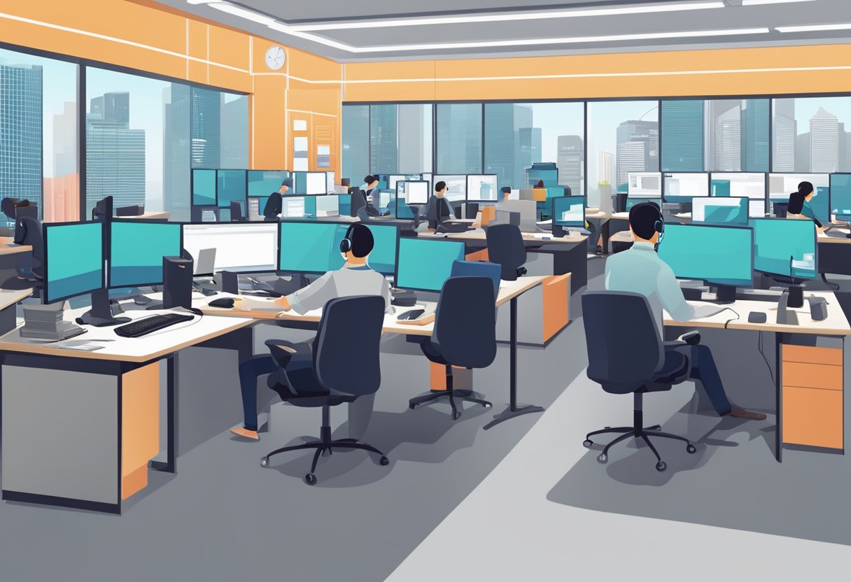A customer service representative answers calls at the Singapore Power hotline, surrounded by computer screens and a busy office environment