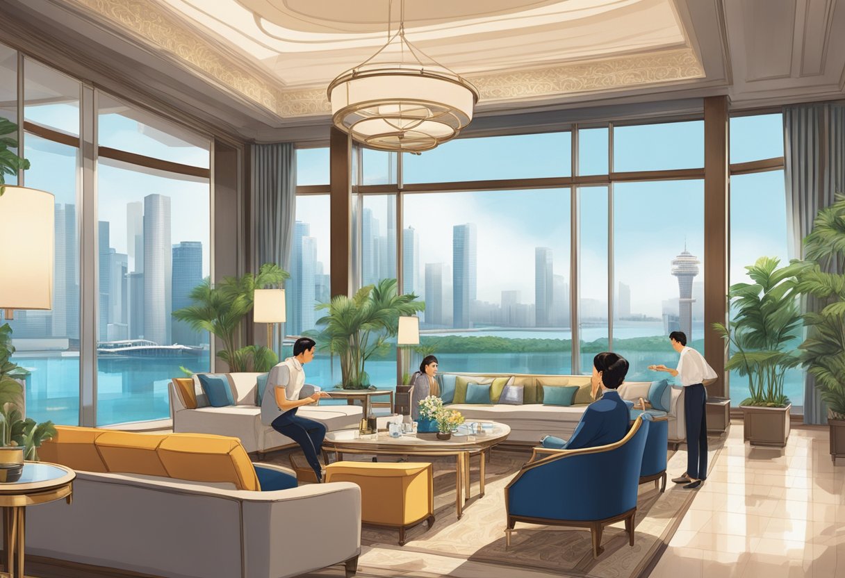Guests wander through elegant lobbies, admire stunning views, and relax by luxurious pools at the top hotels in Singapore
