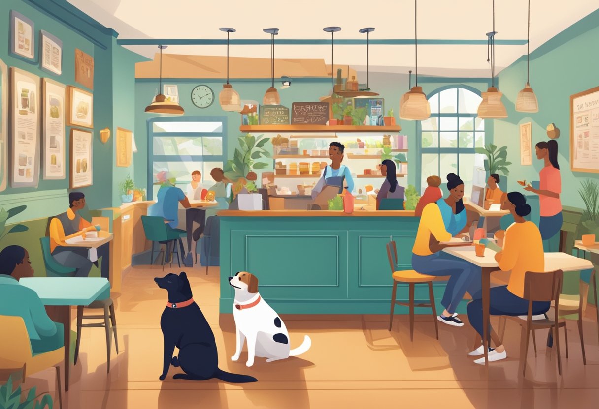 Customers and pets mingle in a cozy cafe setting, with colorful pet-friendly decor and a menu board displaying "Frequently Asked Questions" about pet care