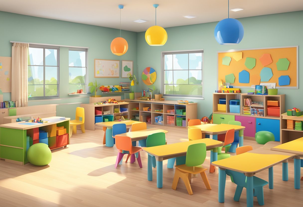 Preschool classroom with colorful educational materials, child-sized furniture, and interactive learning centers