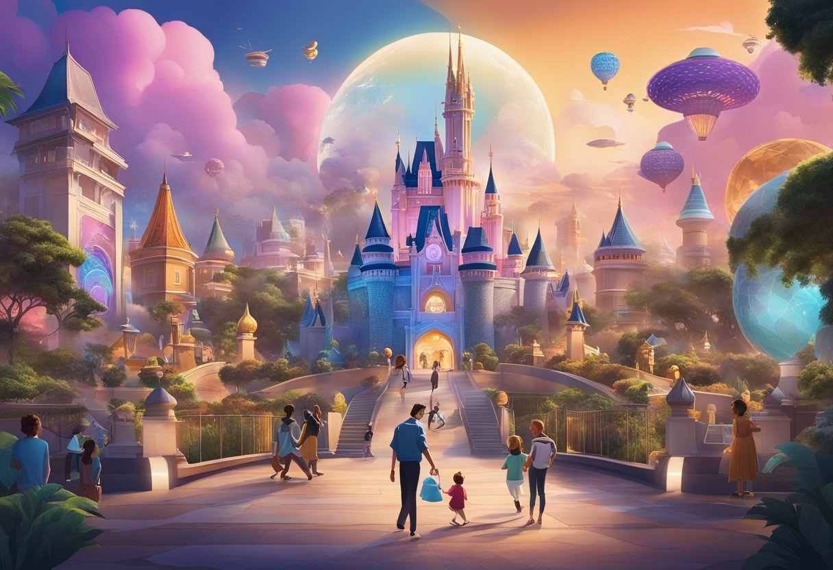 A colorful and vibrant scene of the Disney+ Overview in Singapore, featuring iconic Disney characters and landmarks, with a focus on the streaming platform's logo and interface