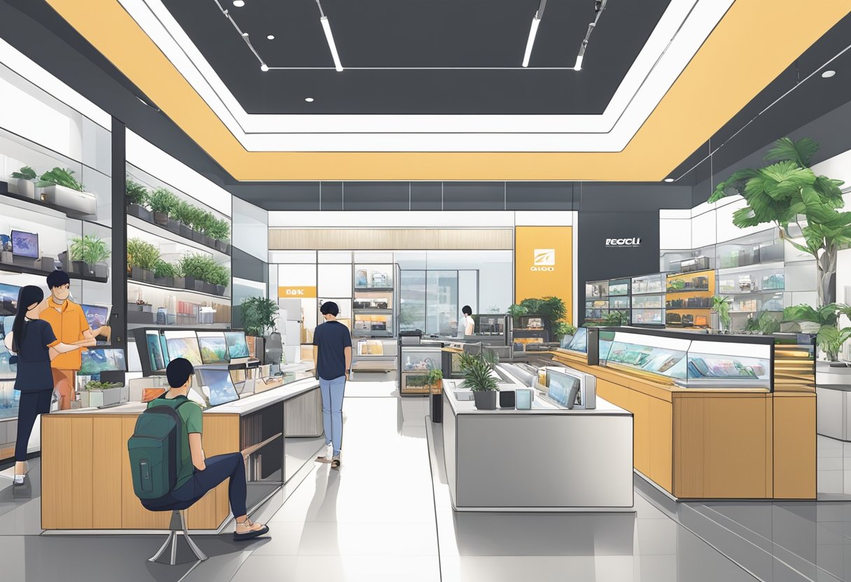 Customers browse Recoil Singapore's sleek displays, admiring high-tech gadgets and stylish accessories. The store's modern interior and vibrant atmosphere create an inviting shopping experience