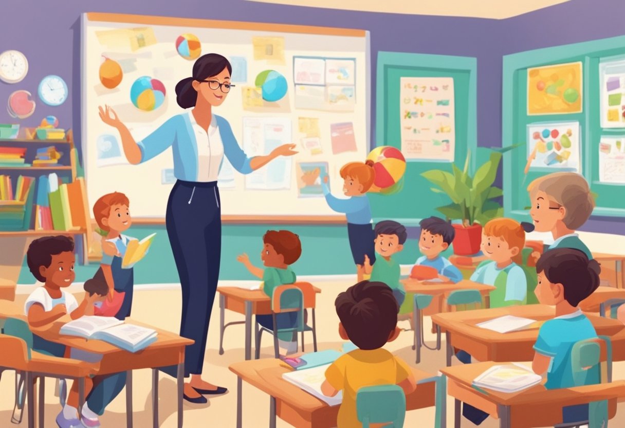 A colorful classroom with educational posters, toys, and books. A teacher interacts with young children, while a notice board displays important information for parents