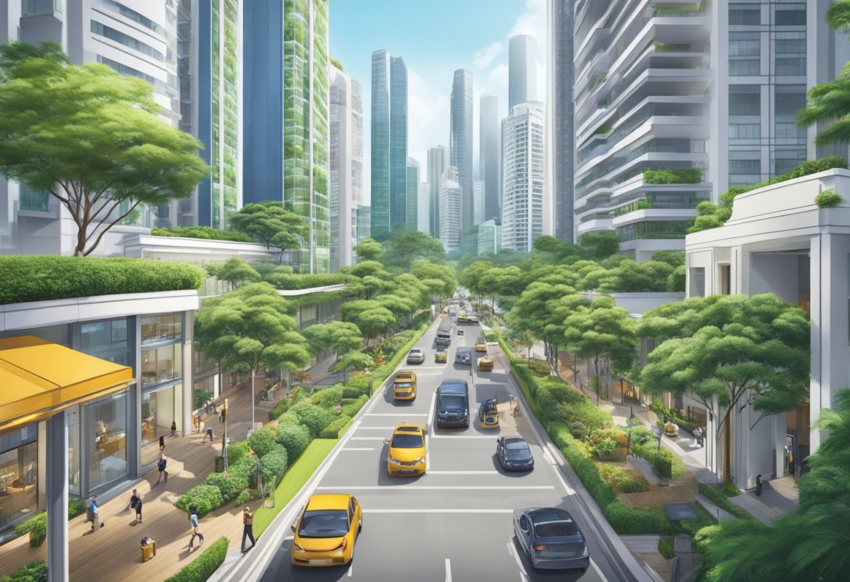 A bustling city street with modern high-rise buildings and lush greenery, showcasing the luxurious Park Avenue Suites in Singapore