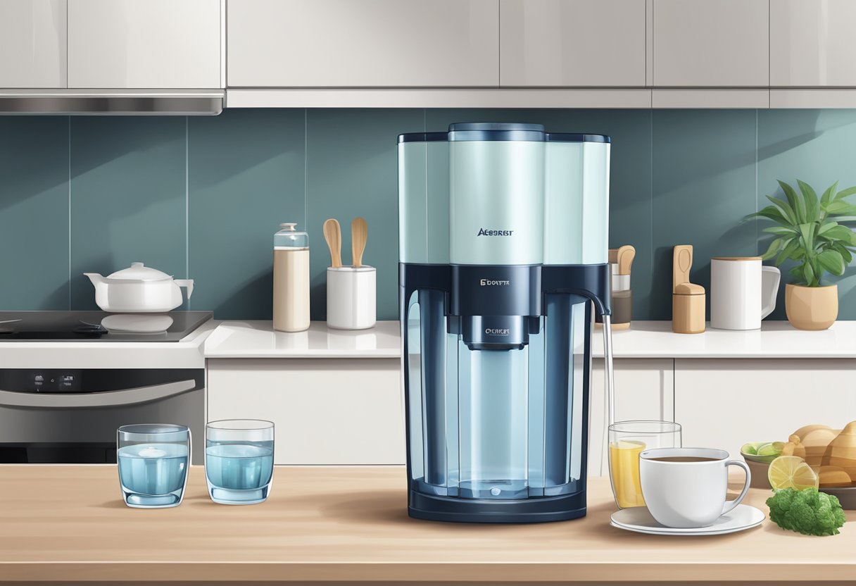 A modern water purifier sits on a kitchen countertop in a Singaporean home, surrounded by clean glasses and a pitcher of water