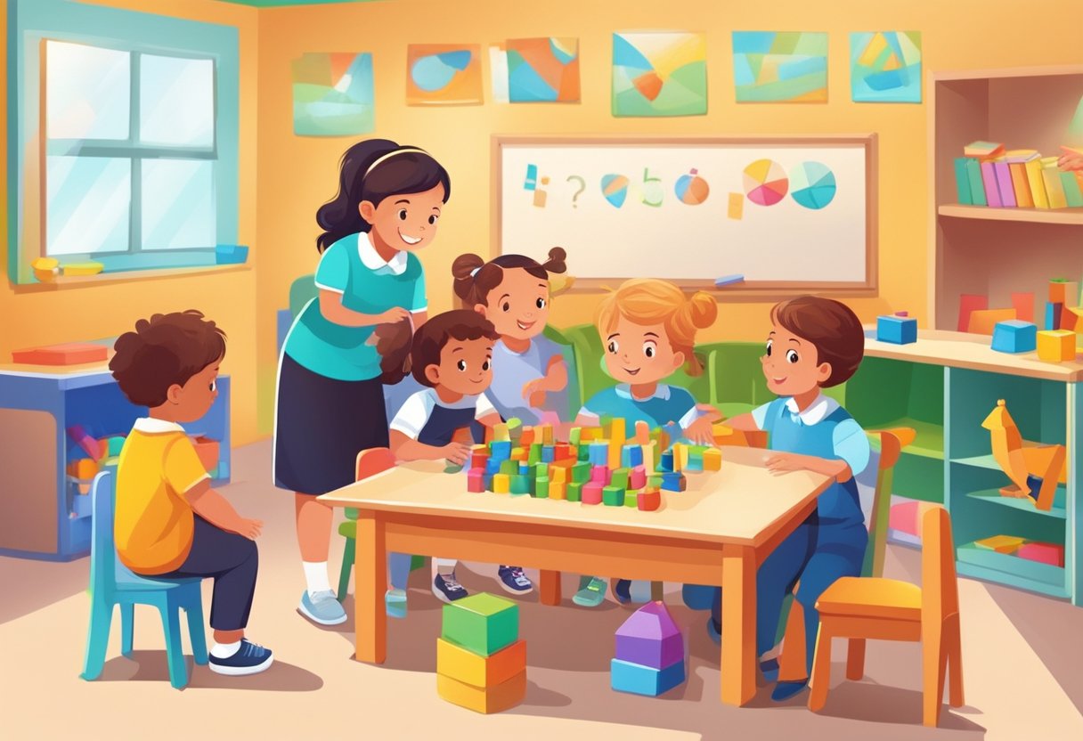 Children playing with educational toys in a colorful classroom with a teacher answering questions on a board