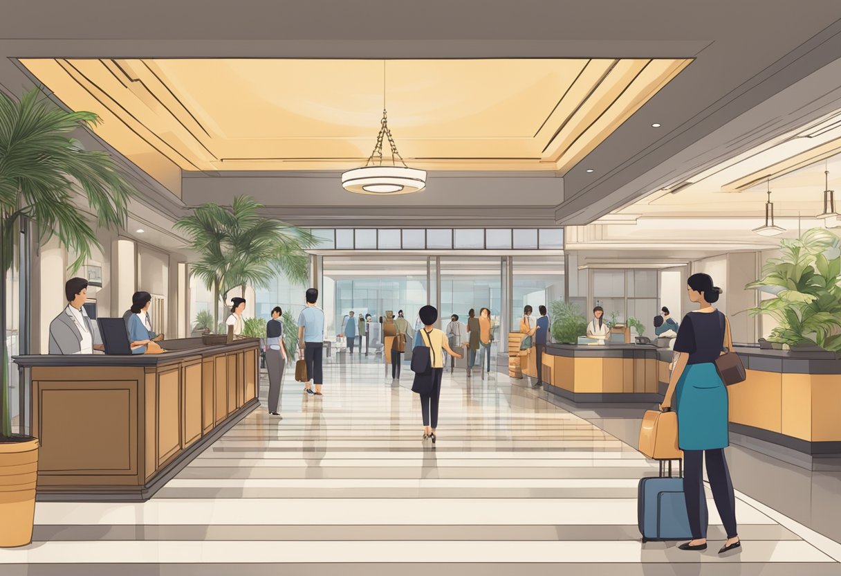 A bustling hotel lobby in Singapore, with guests and staff interacting at the front desk, while a sign prominently displays "Frequently Asked Questions" about the hotel's services and amenities