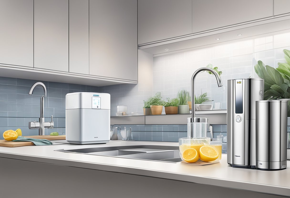 A hand reaches for a sleek water purifier on a kitchen countertop. The purifier's digital display glows as it filters water, while a maintenance kit sits nearby
