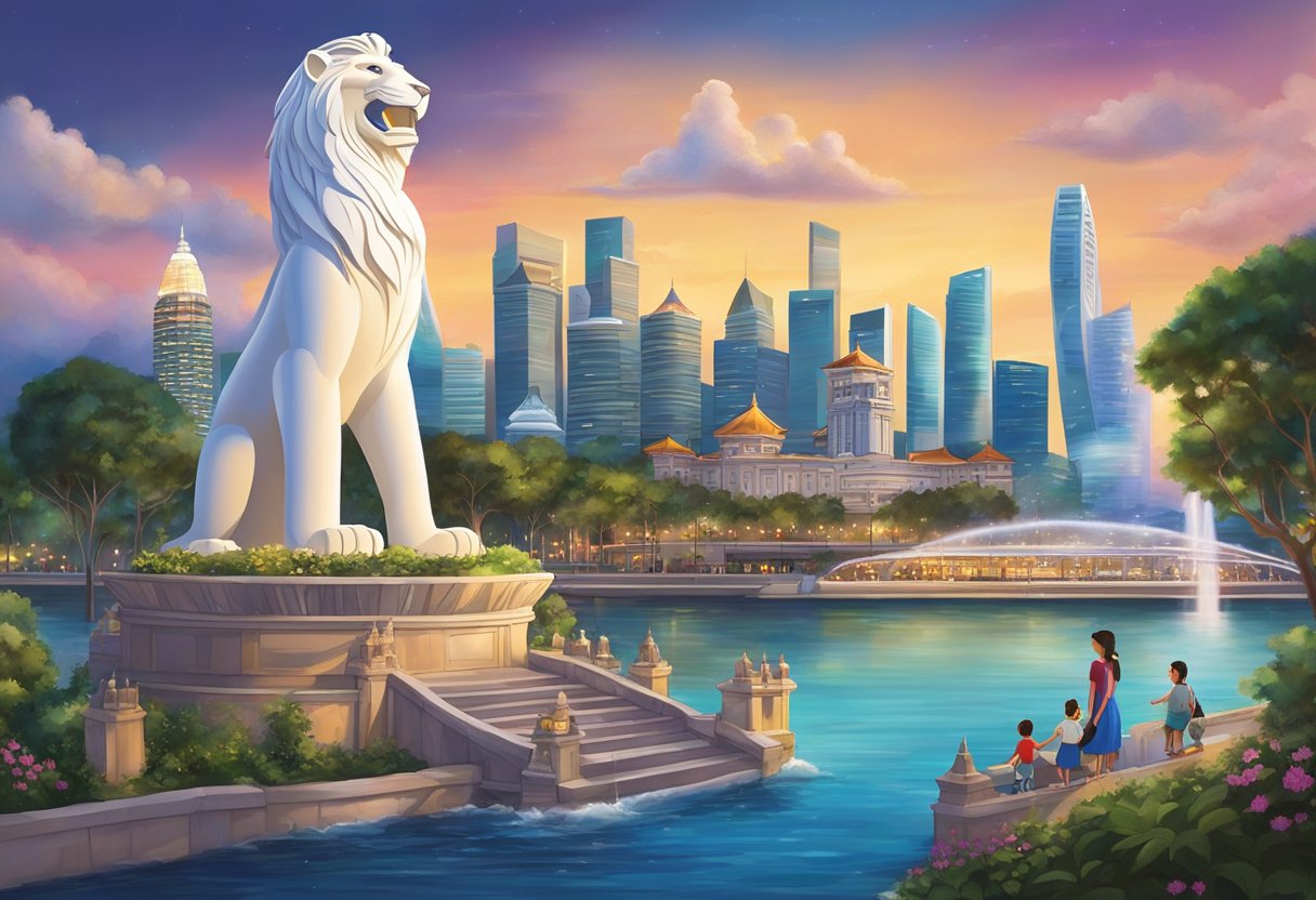The iconic Disney castle stands tall against a vibrant Singapore skyline, with the famous Merlion statue in the foreground. The scene is bustling with families and tourists enjoying the magical atmosphere