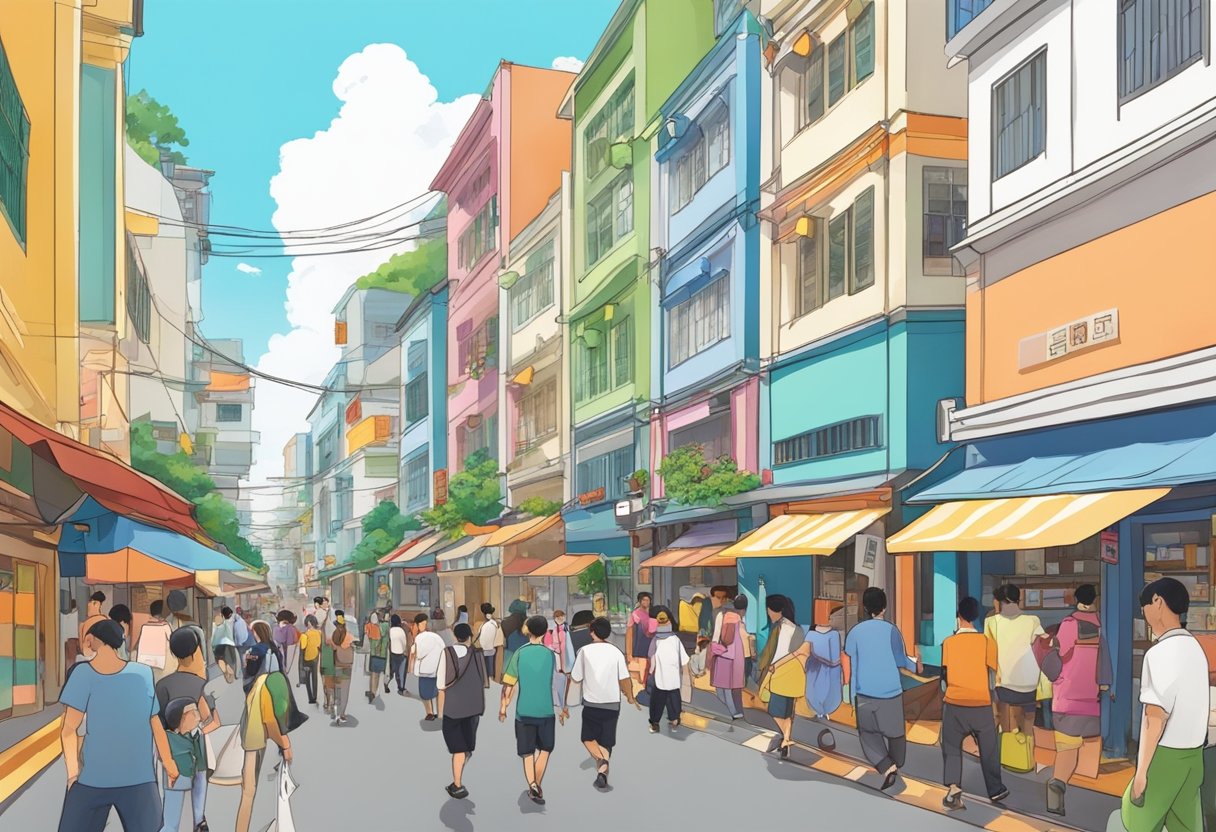 A bustling street in Sen Ryo, Singapore, with colorful storefronts and busy pedestrians