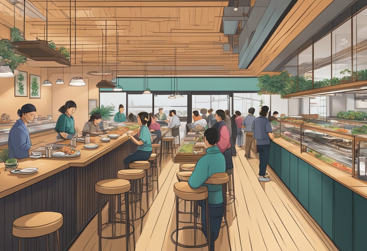 A bustling sushi bar with sleek, modern decor and a vibrant open kitchen, surrounded by diners enjoying fresh, expertly crafted Japanese cuisine
