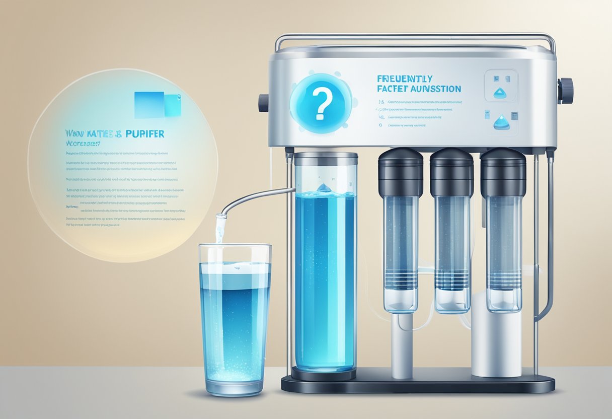 A water purifier with "Frequently Asked Questions" displayed on its digital screen, surrounded by clean, clear glasses of water
