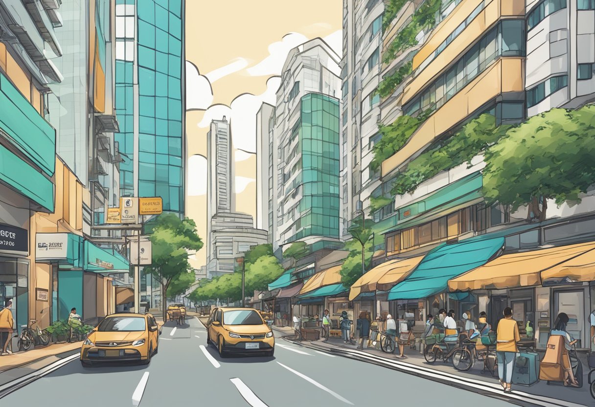 A bustling city street with tall buildings and a sign reading "Frequently Asked Questions Park Avenue Suites Singapore."