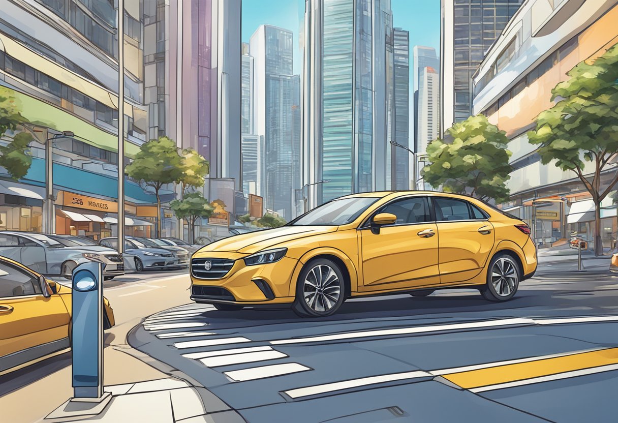 A car parked in a bustling city, surrounded by skyscrapers and traffic. A sign nearby reads "Car Insurance Singapore."