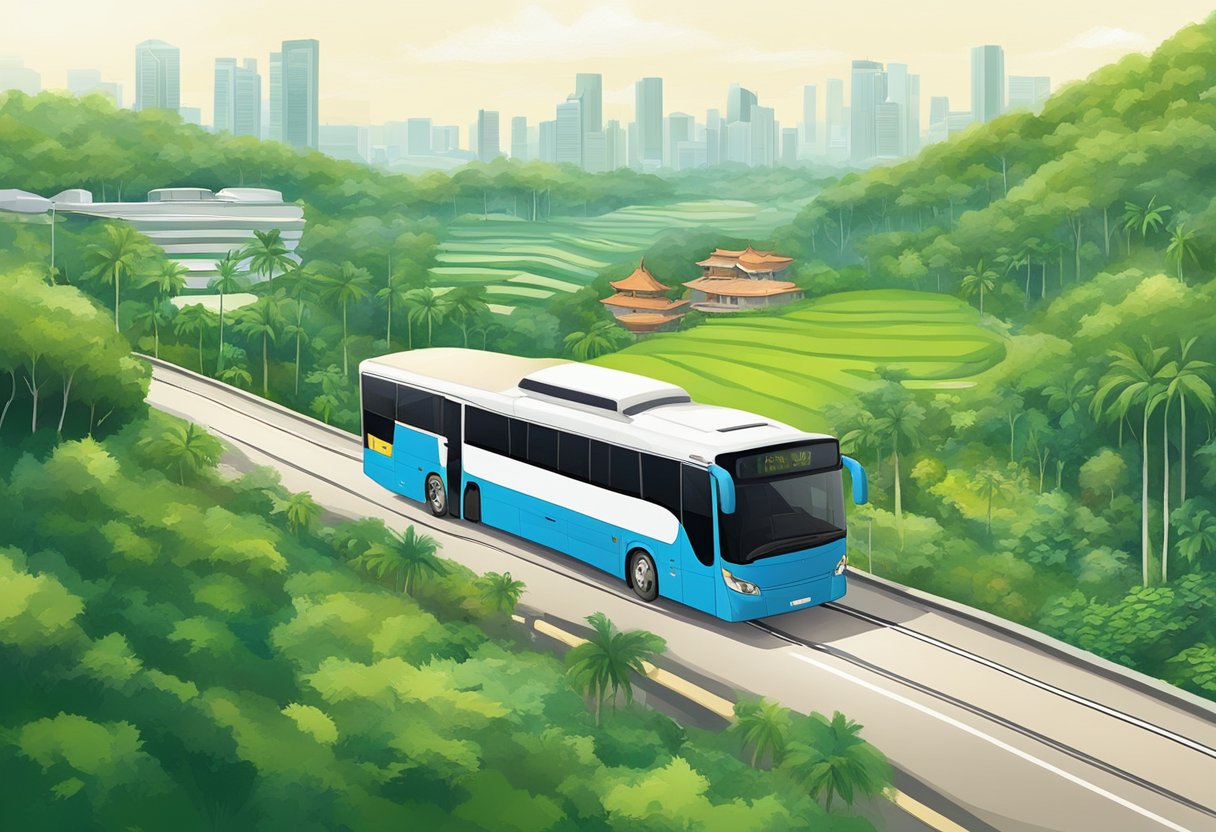 A bus travels from Singapore to Malacca, passing through lush green landscapes and bustling urban areas