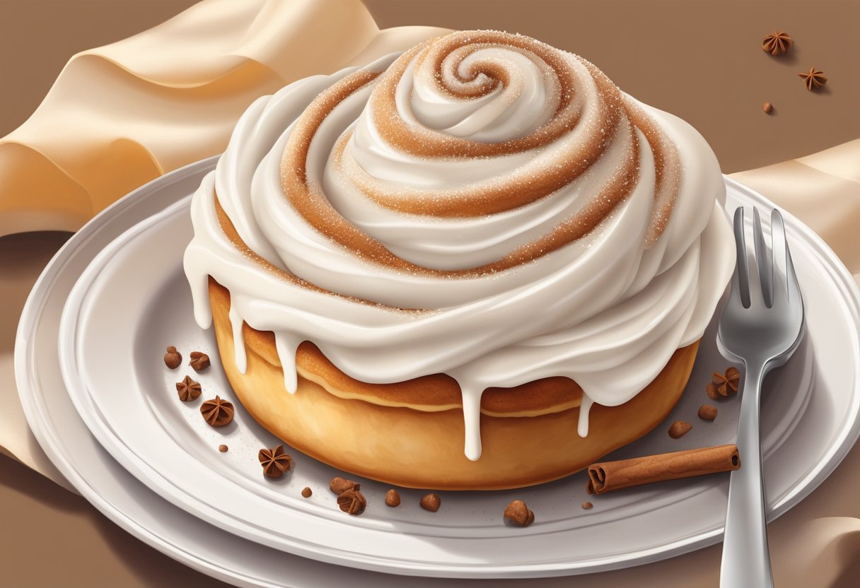 A warm, aromatic Cinnabon sits on a white plate, surrounded by a swirl of creamy frosting and a sprinkle of cinnamon