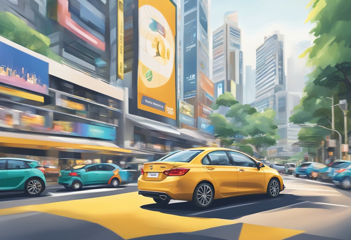 A car driving on a busy Singapore street, with a prominent insurance company logo displayed on a billboard in the background