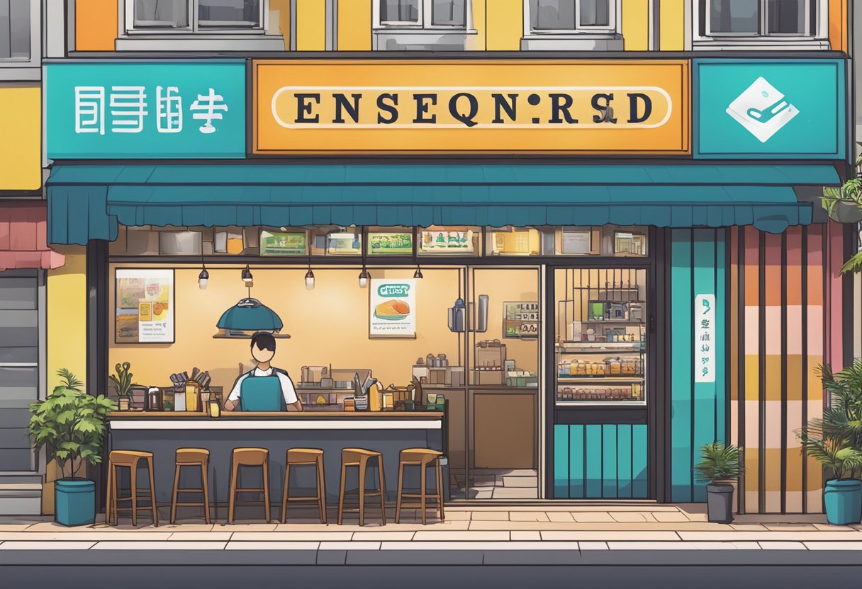 A colorful signboard outside a bustling restaurant in Singapore, with the words "Frequently Asked Questions" and "Sen Ryo" prominently displayed