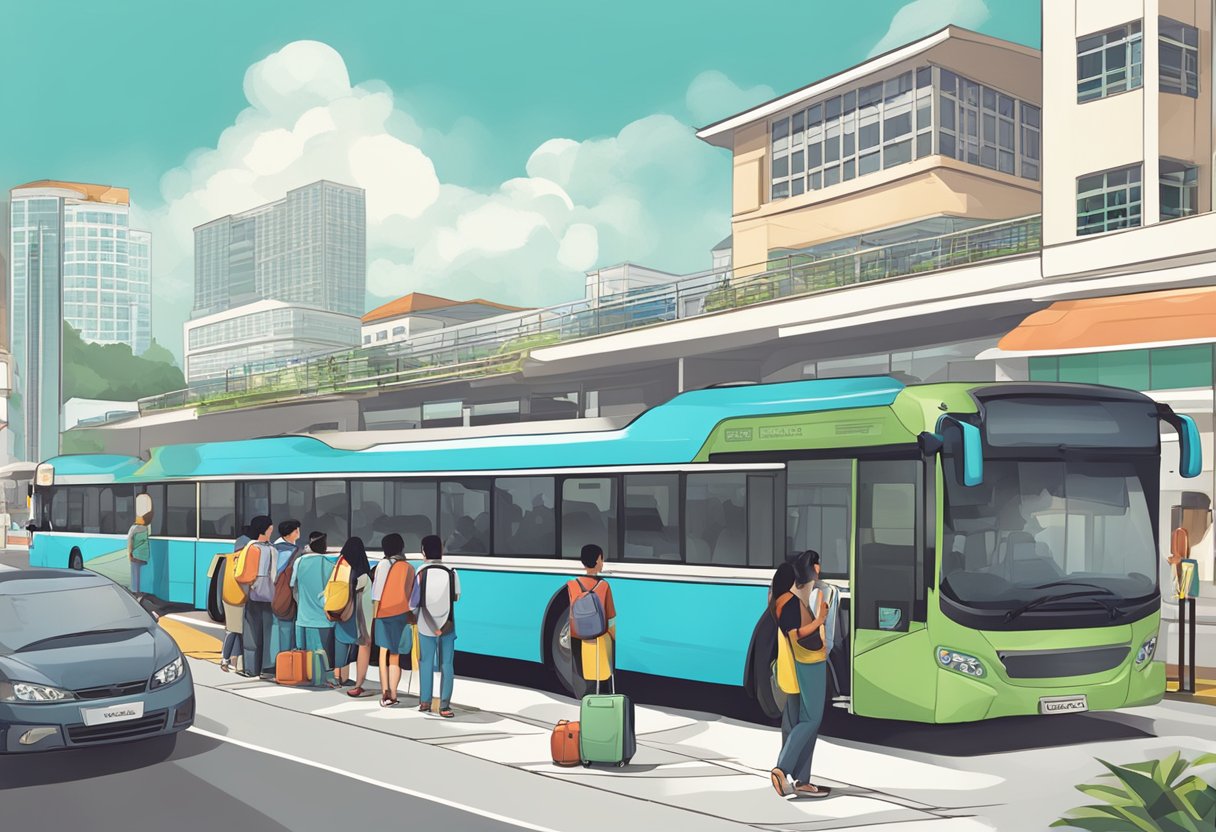 Passengers waiting at a bus stop with a sign for "Singapore to Malacca" route. Buses parked in a row, loading luggage