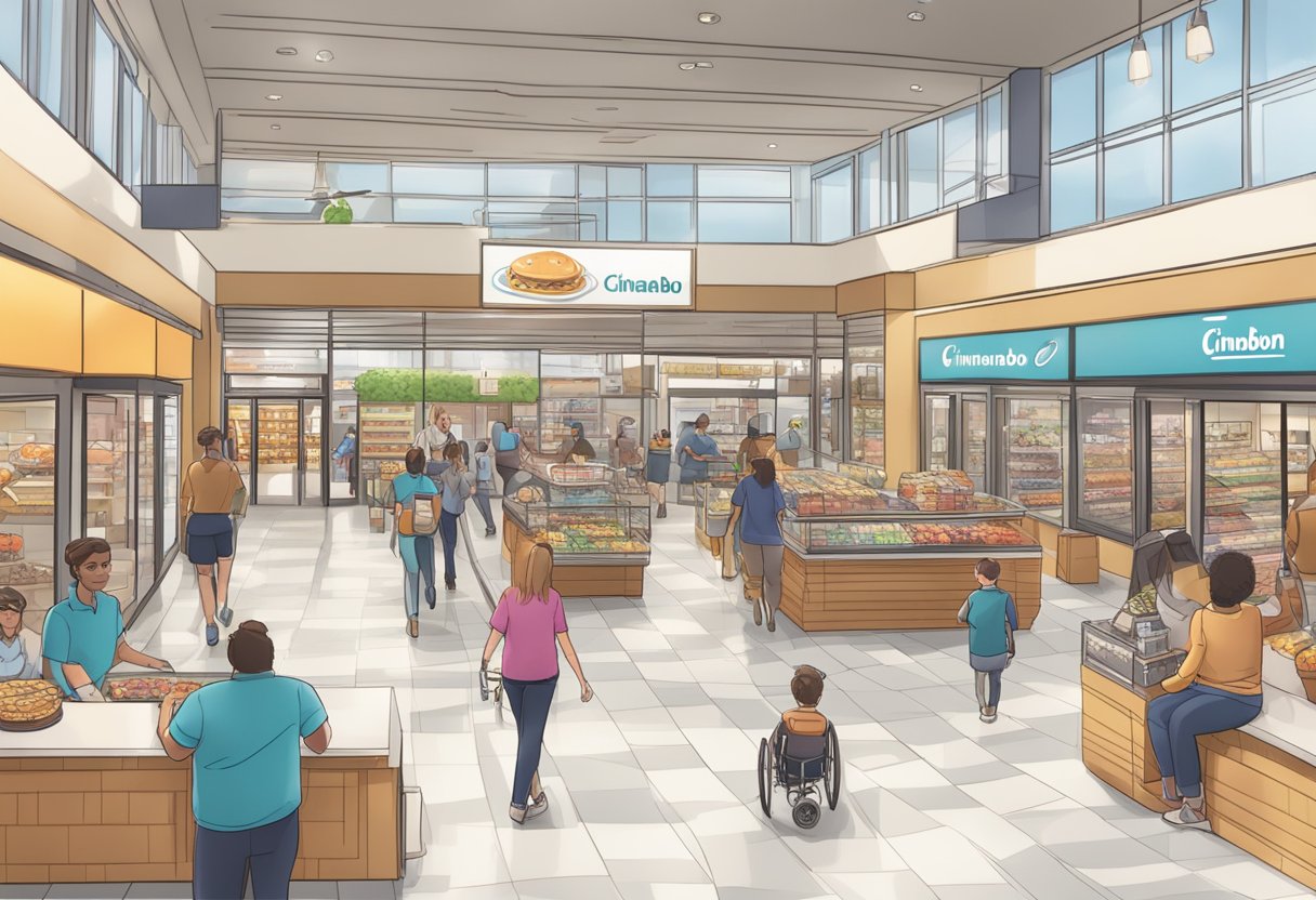 A bustling mall with Cinnabon store front, wheelchair accessible entrance, and clear signage
