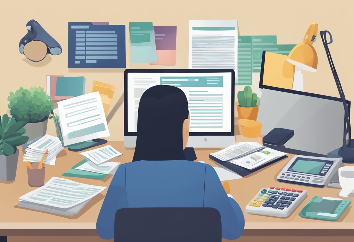 A person sitting at a desk, surrounded by paperwork and a computer, comparing different car insurance plans. A phone and calculator are also visible on the desk