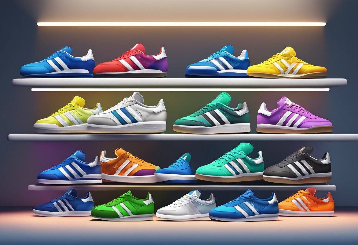 A pair of Adidas Samba sneakers displayed on a clean, modern shelf with bright lighting, showcasing the range of colors and styles available