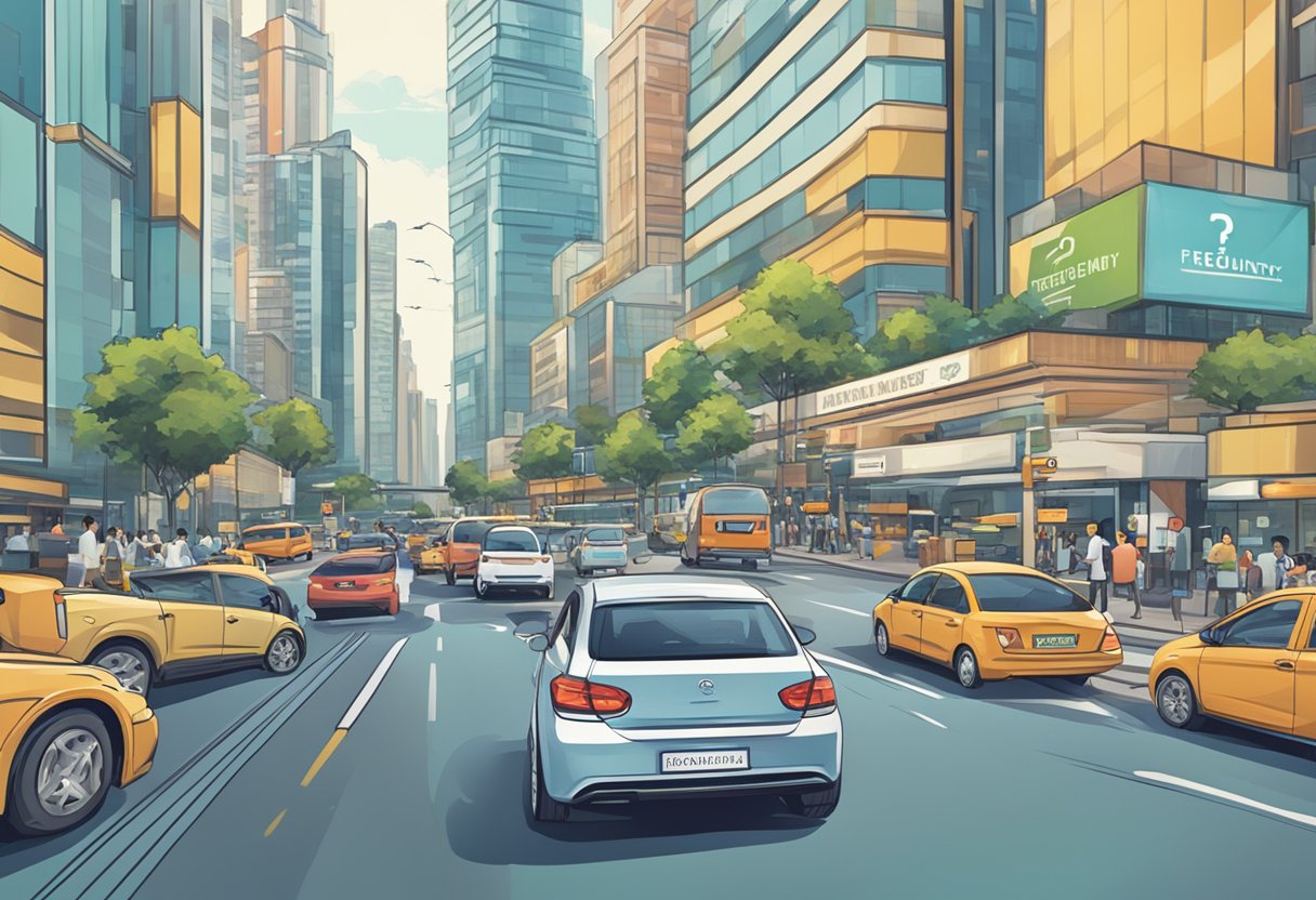 A car driving through a bustling city with a prominent "Frequently Asked Questions car insurance singapore" sign in the background
