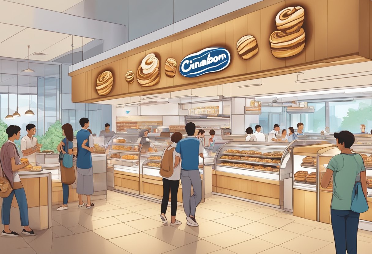 A bustling Cinnabon store in Singapore, with customers lining up, the sweet aroma of fresh cinnamon rolls filling the air, and the iconic logo prominently displayed
