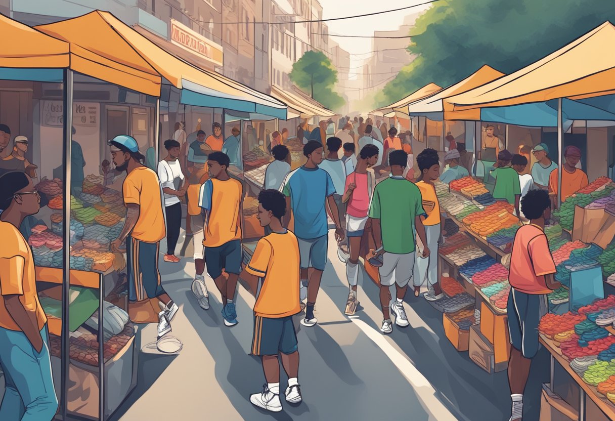 A bustling street market with vendors selling adidas Samba shoes. Nearby, a display of trendy streetwear and athletic apparel to pair with the sneakers