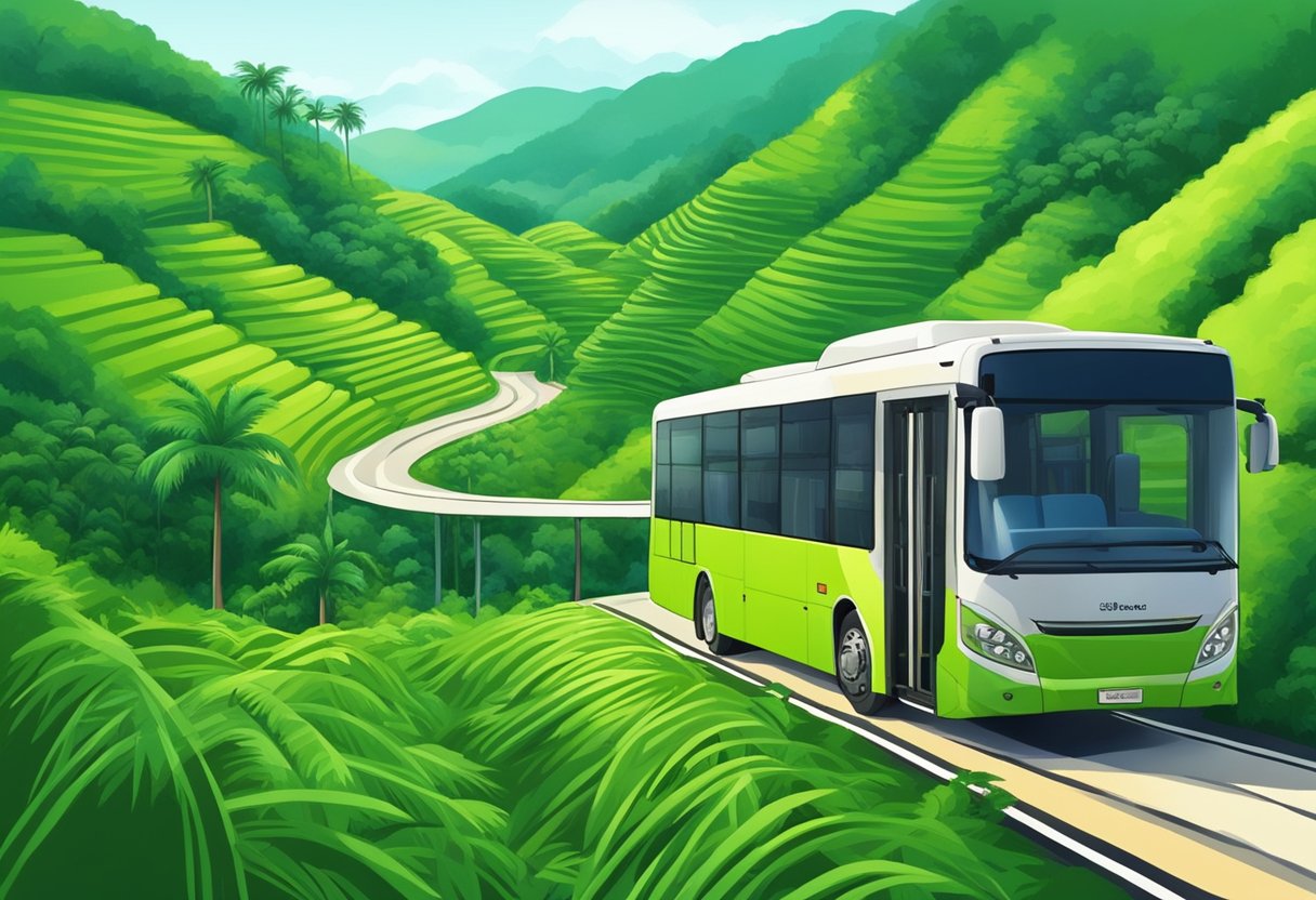 The bus winds through lush green hills, passing by small villages and palm tree plantations on the way from Singapore to Malacca
