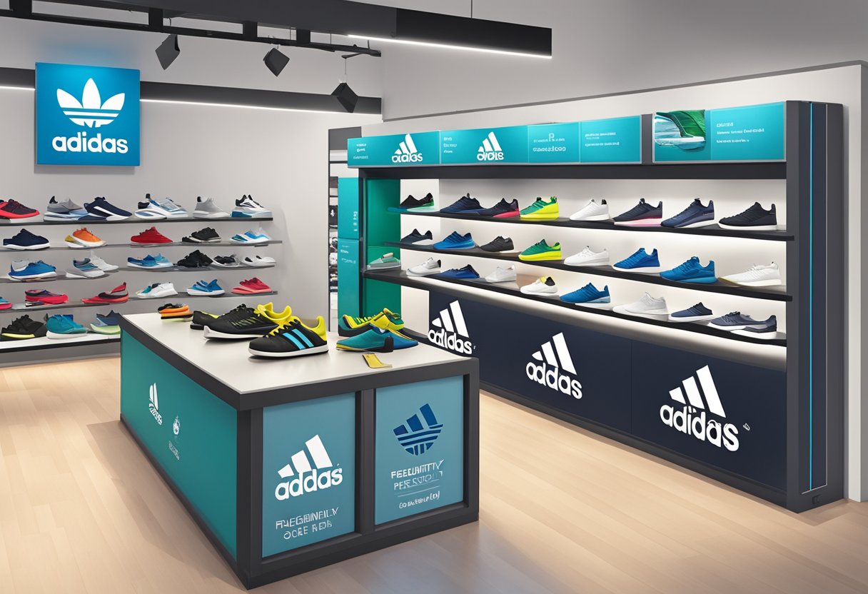 A pair of Adidas Samba shoes displayed in a Singapore store, with a sign reading "Frequently Asked Questions" next to them