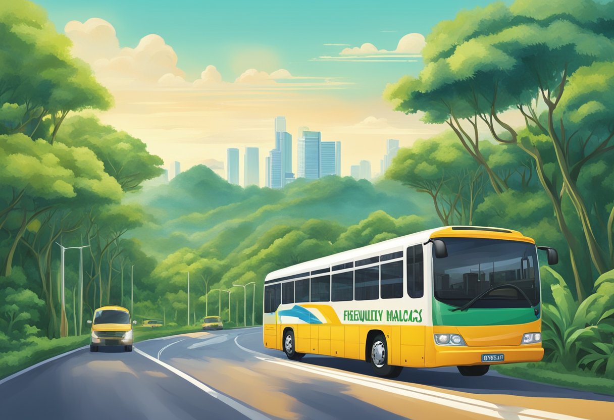A bus with "Frequently Asked Questions" written on the side travels from Singapore to Malacca, passing by lush green landscapes and bustling cityscapes