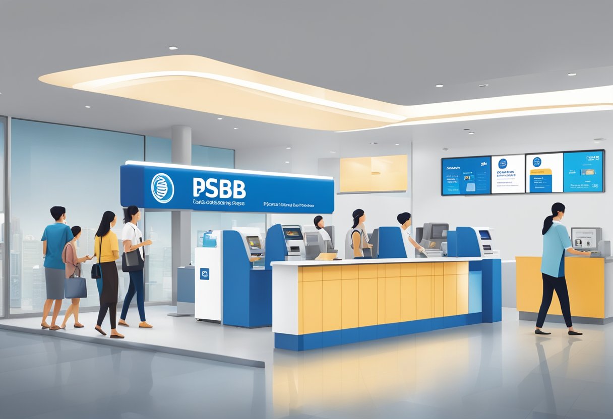 A bustling POSB Singapore branch with customers at teller counters and self-service kiosks, with the iconic blue and white logo prominently displayed