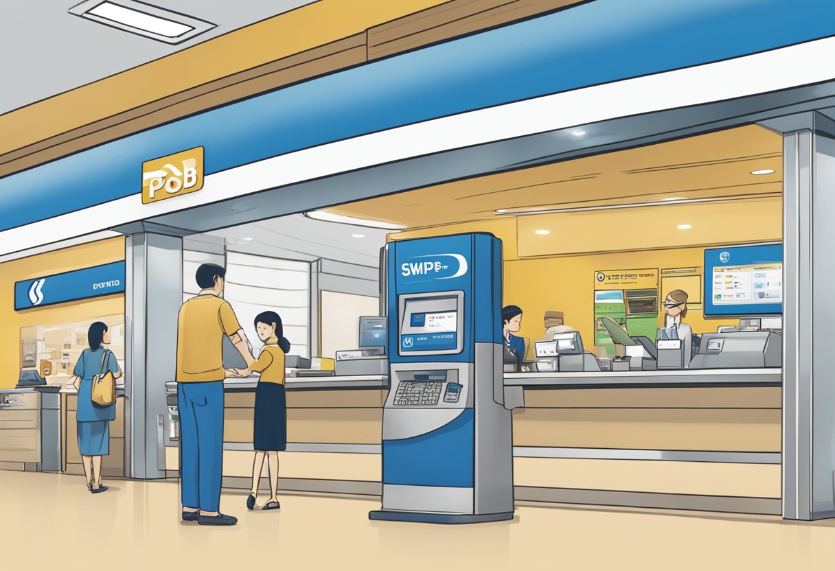 A customer swipes a POSB debit card at a Singaporean bank, completing a transaction with a POSB logo prominently displayed