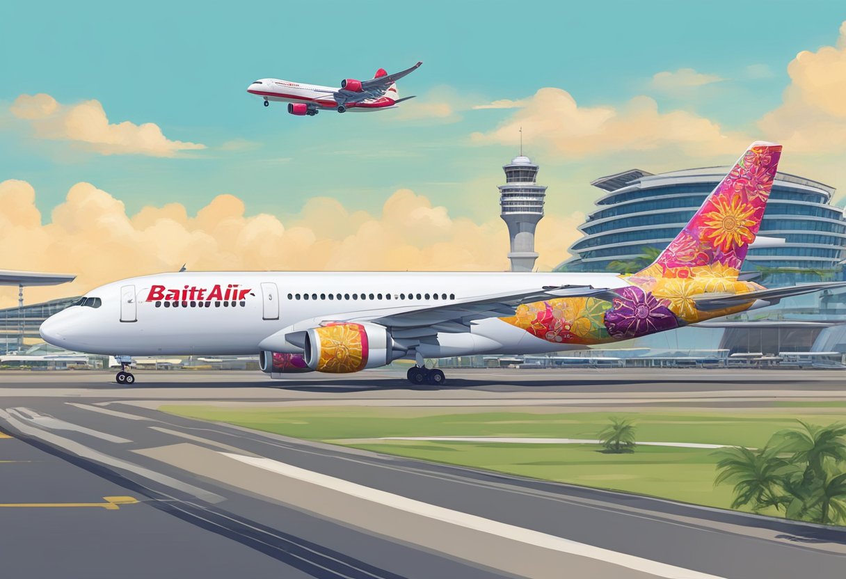 A Batik Air plane takes off from Singapore, with the airport terminal and control tower in the background