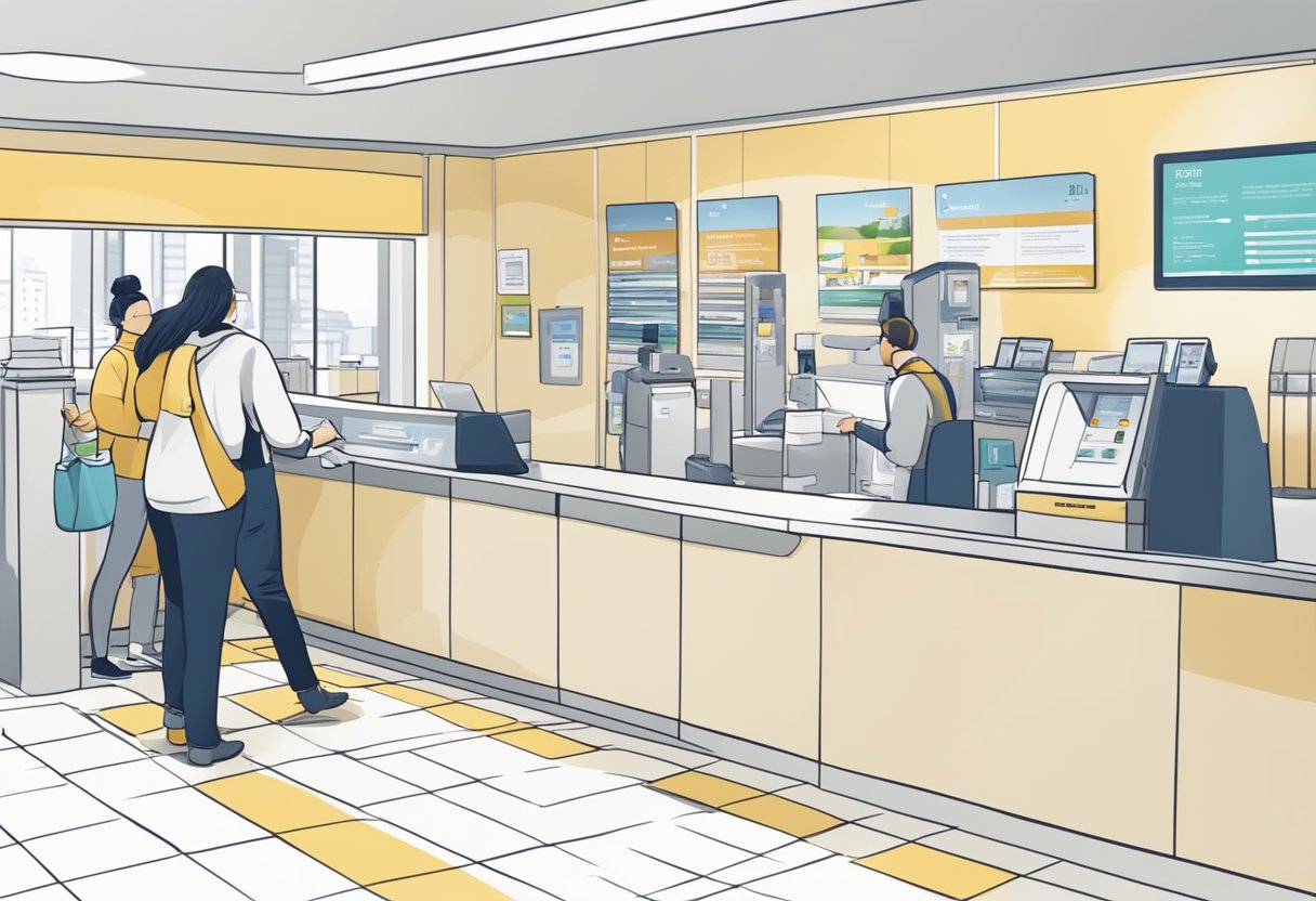 Customers engaging with POSB staff, receiving support and assistance at a service counter in a bright and welcoming environment