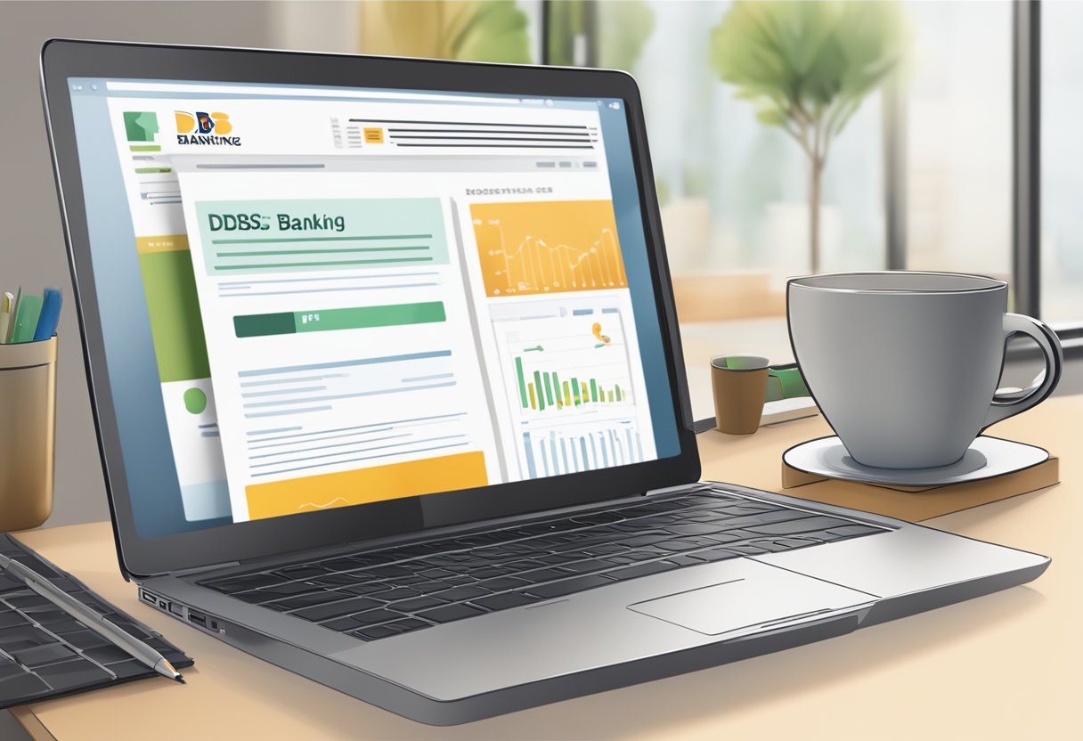 A laptop with the DBS Internet Banking homepage displayed, surrounded by a cup of coffee, notebook, and pen